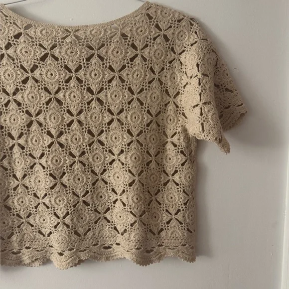 Sezane Dorine Top in Latte Tan Size XS Crochet Lace Blouse Cotton Tee Shirt - Picture 11 of 15